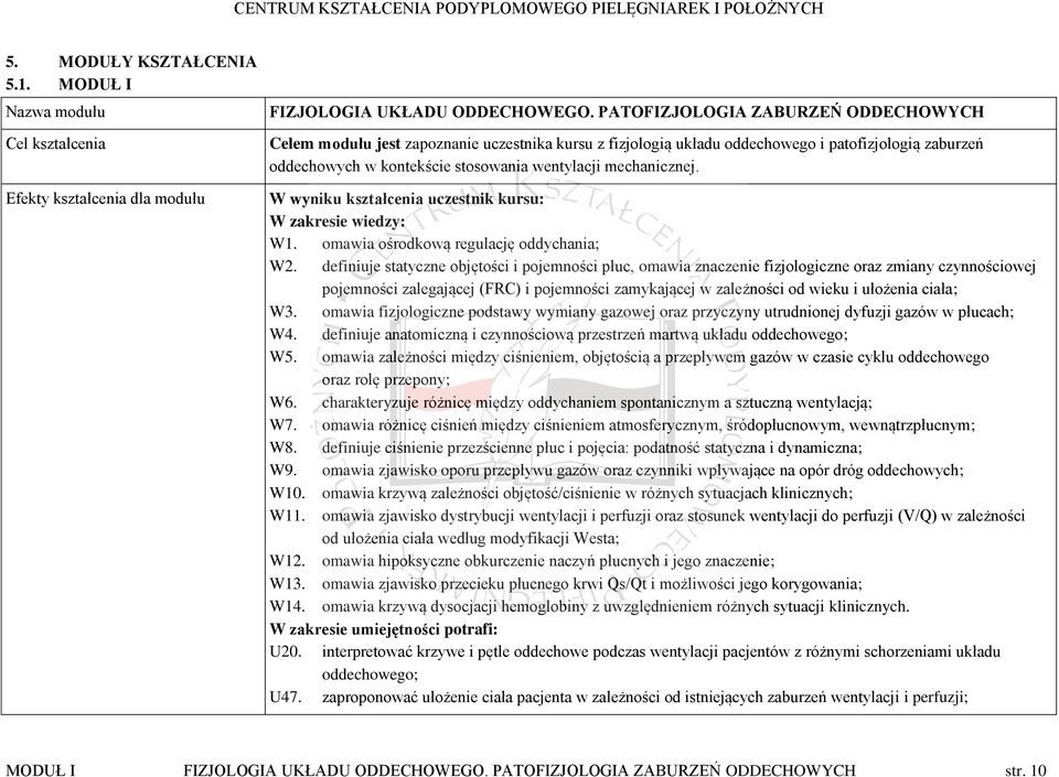 W wyniku kształcenia uczestnik kursu: W zakresie wiedzy: W1. omawia ośrodkową regulację oddychania; W2.