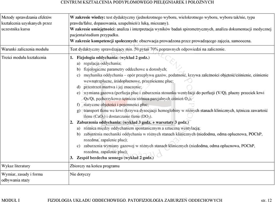 W zakresie umiejętności: analiza i interpretacja wyników badań spirometrycznych, analiza dokumentacji medycznej pacjenta/studium przypadku.
