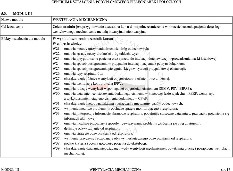 omawia zasady oceny drożności dróg oddechowych; W23. omawia przygotowanie pacjenta oraz sprzętu do intubacji dotchawiczej, wprowadzenia maski krtaniowej; W24.