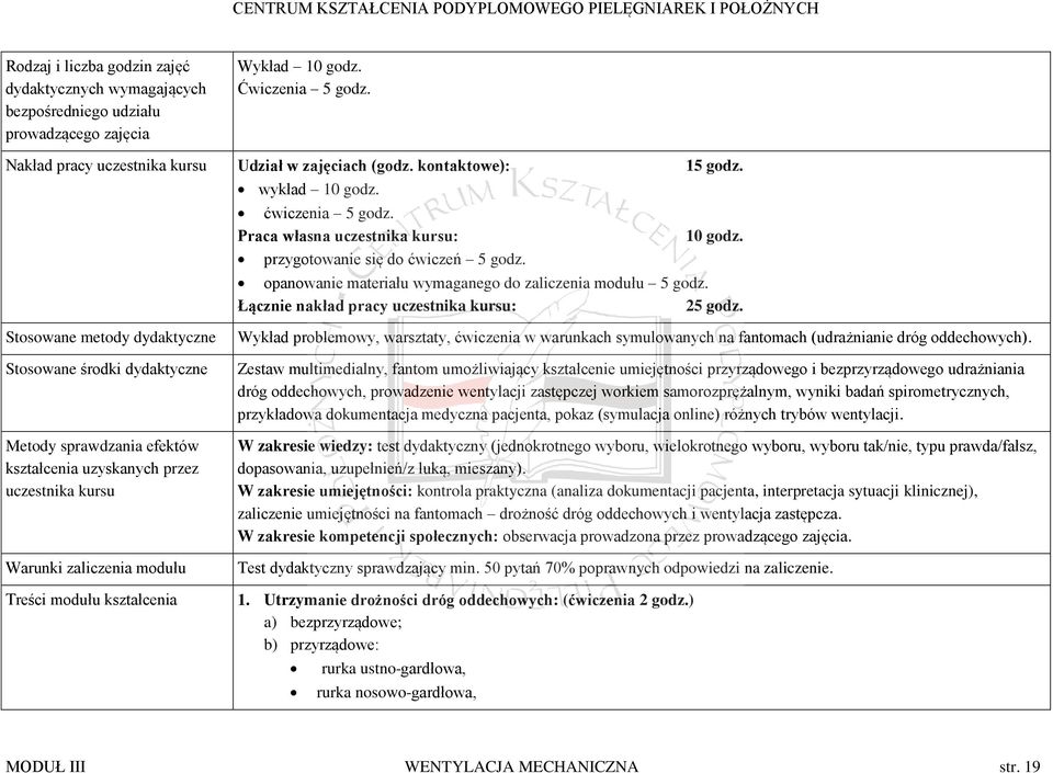 Łącznie nakład pracy uczestnika kursu: 25 godz. Stosowane metody dydaktyczne Wykład problemowy, warsztaty, ćwiczenia w warunkach symulowanych na fantomach (udrażnianie dróg oddechowych).