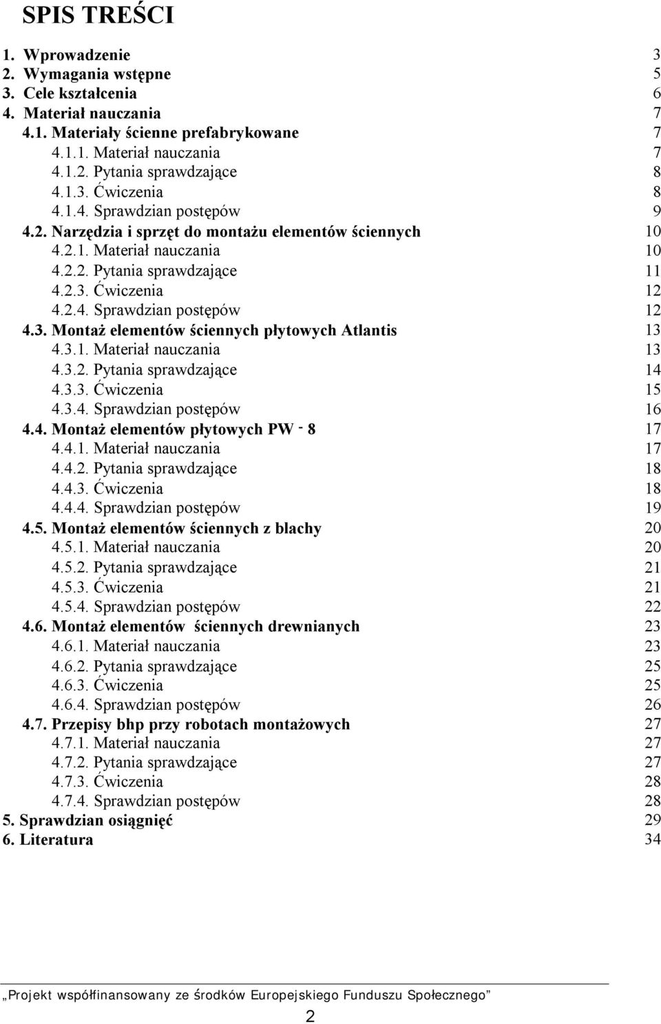 3. Montaż elementów ściennych płytowych Atlantis 13 4.3.1. Materiał nauczania 13 4.3.2. Pytania sprawdzające 14 4.3.3. Ćwiczenia 15 4.3.4. Sprawdzian postępów 16 4.4. Montaż elementów płytowych PW 8 17 4.