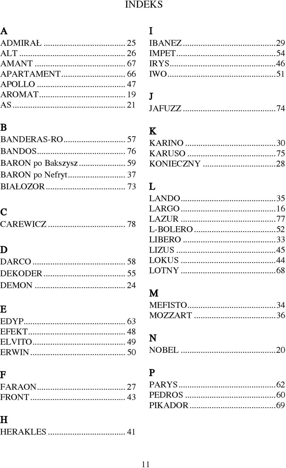 .. 50 F FARAON... 27 FRONT... 43 H HERAKLES... 41 I IBANEZ...29 IMPET...54 IRYS...46 IWO...51 J JAFUZZ...74 K KARINO...30 KARUSO...75 KONIECZNY.