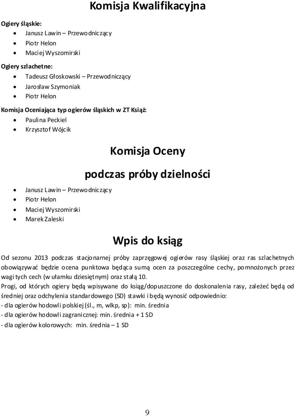 ksiąg Od sezonu 2013 podczas stacjonarnej próby zaprzęgowej ogierów rasy śląskiej oraz ras szlachetnych obowiązywać będzie ocena punktowa będąca sumą ocen za poszczególne cechy, pomnożonych przez