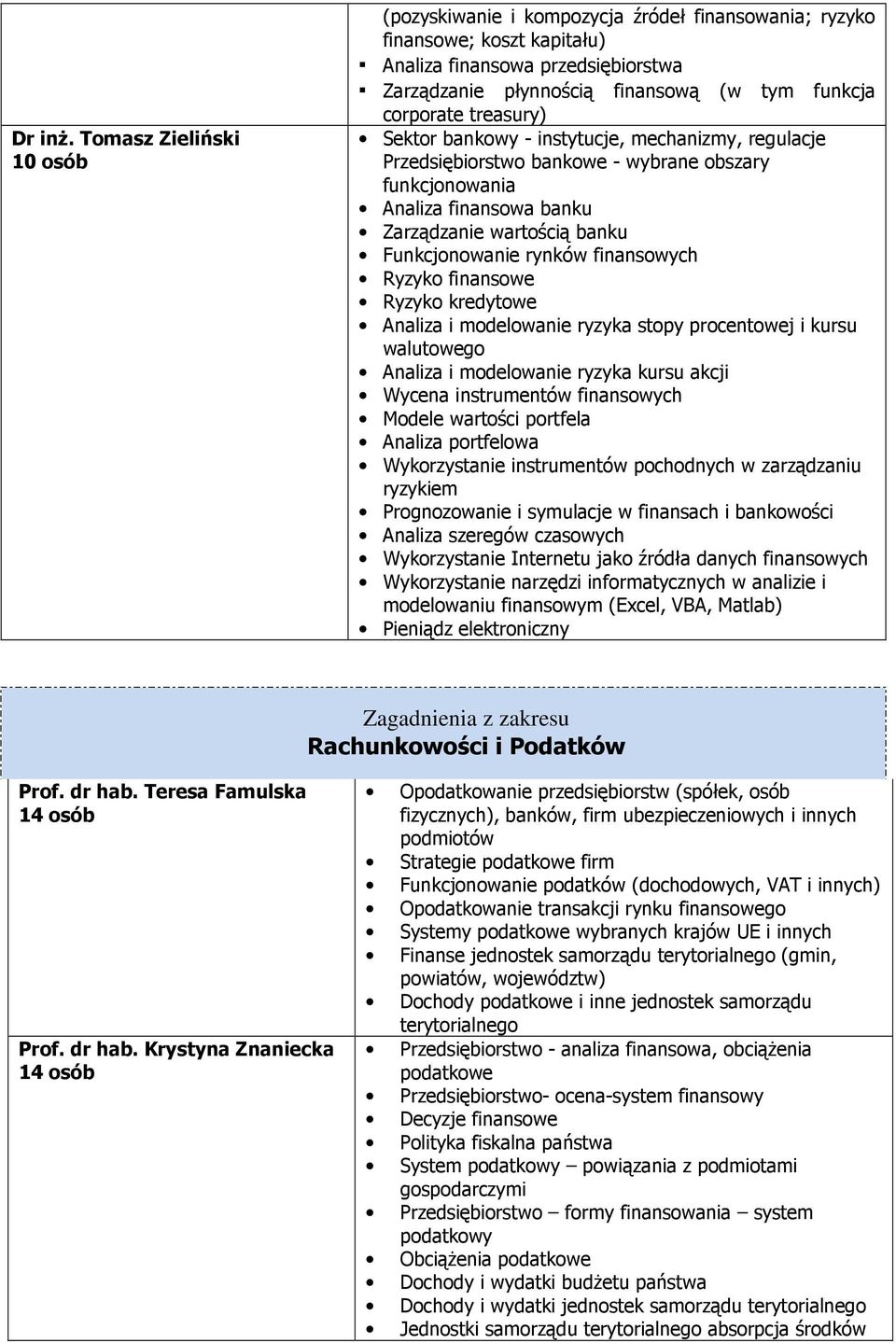 treasury) Sektor bankowy - instytucje, mechanizmy, regulacje Przedsiębiorstwo bankowe - wybrane obszary funkcjonowania banku Zarządzanie wartością banku Funkcjonowanie rynków finansowych Ryzyko