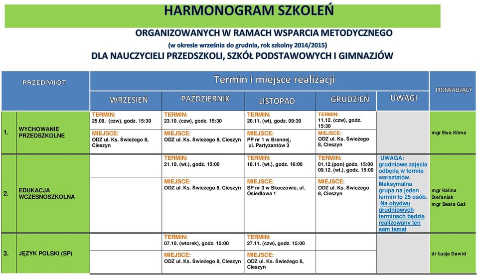 Osiedlowa 1 27.11. (czw), godz. 15:00 01.12.(pon) godz. 15:00 09.12. (wt.), godz. 15:00 ODZ ul. Ks. Świeżego 8, UWAGA: grudniowe zajęcia odbędą w formie warsztatów.