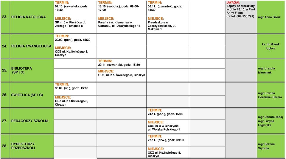 ), godz. 15:30 ODZ ul. Ks.Świeżego 8, ks. dr Marek Uglorz 25. BIBLIOTEKA (SP i G) 20.11. (czwartek), godz. 15:30 ODZ, ul. Ks. Świeżego 8, mgr Urszula Morcinek 26. ŚWIETLICA (SP i G) 30.09. (wt.