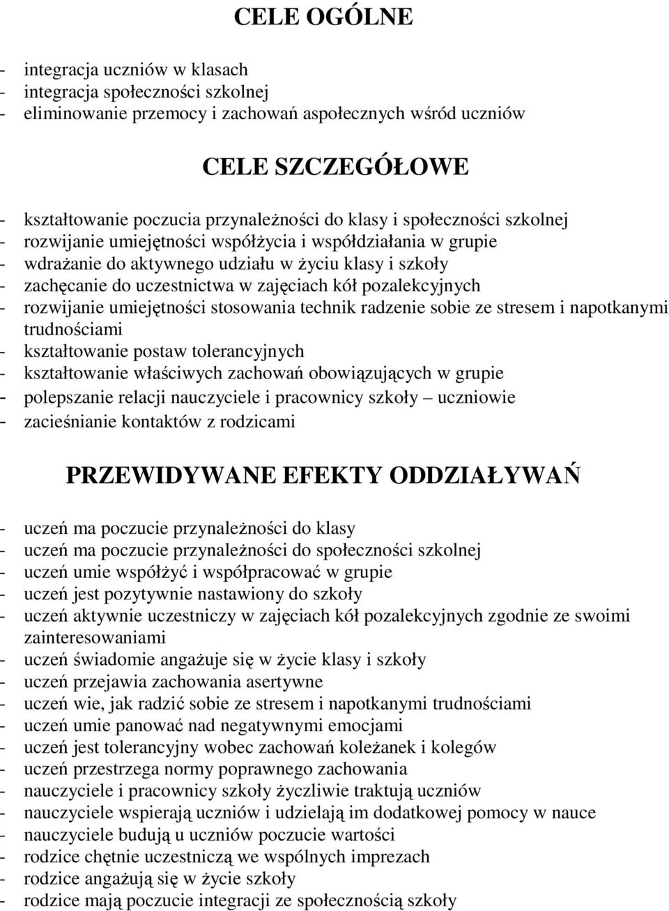 pozalekcyjnych - rozwijanie umiejętności stosowania technik radzenie sobie ze stresem i napotkanymi trudnościami - kształtowanie postaw tolerancyjnych - kształtowanie właściwych zachowań