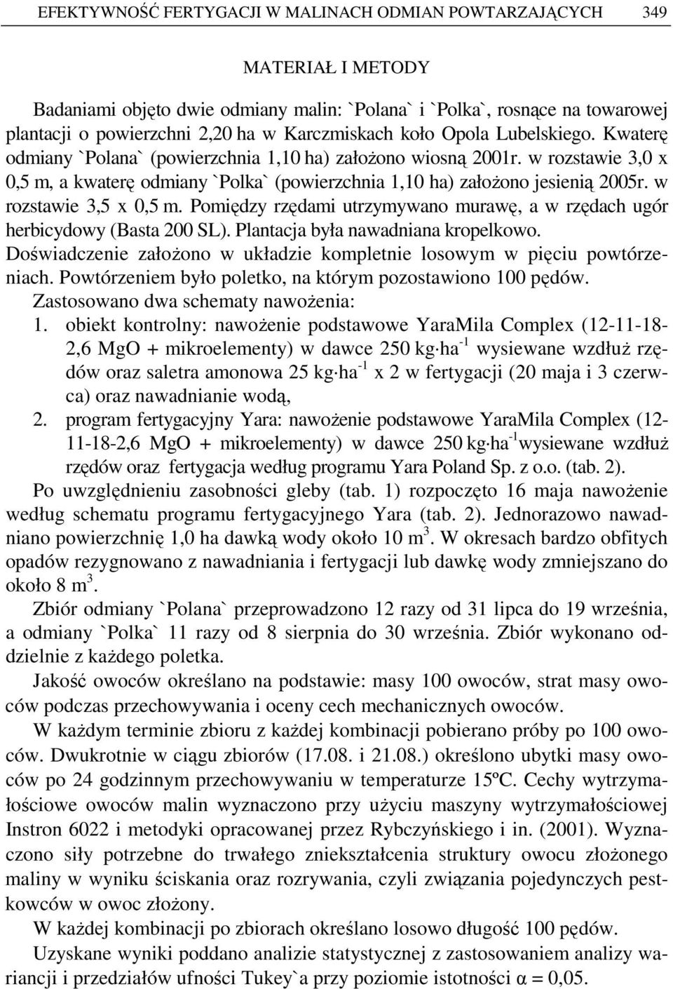 w rozstawie 3,0 x 0,5 m, a kwaterę odmiany `Polka` (powierzchnia 1,10 ha) załoŝono jesienią 2005r. w rozstawie 3,5 x 0,5 m.
