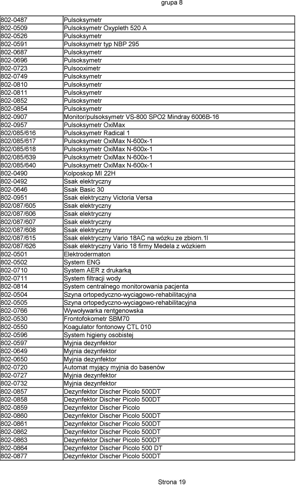 802/085/616 Pulsoksymetr Radical 1 802/085/617 Pulsoksymetr OxiMax N-600x-1 802/085/618 Pulsoksymetr OxiMax N-600x-1 802/085/639 Pulsoksymetr OxiMax N-600x-1 802/085/640 Pulsoksymetr OxiMax N-600x-1
