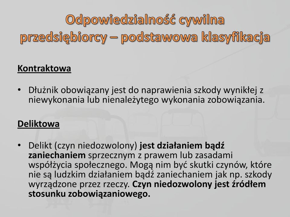 Deliktowa Delikt (czyn niedozwolony) jest działaniem bądź zaniechaniem sprzecznym z prawem lub zasadami