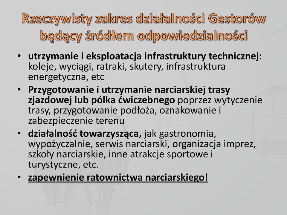 przygotowanie podłoża, oznakowanie i zabezpieczenie terenu działalność towarzysząca, jak gastronomia, wypożyczalnie,