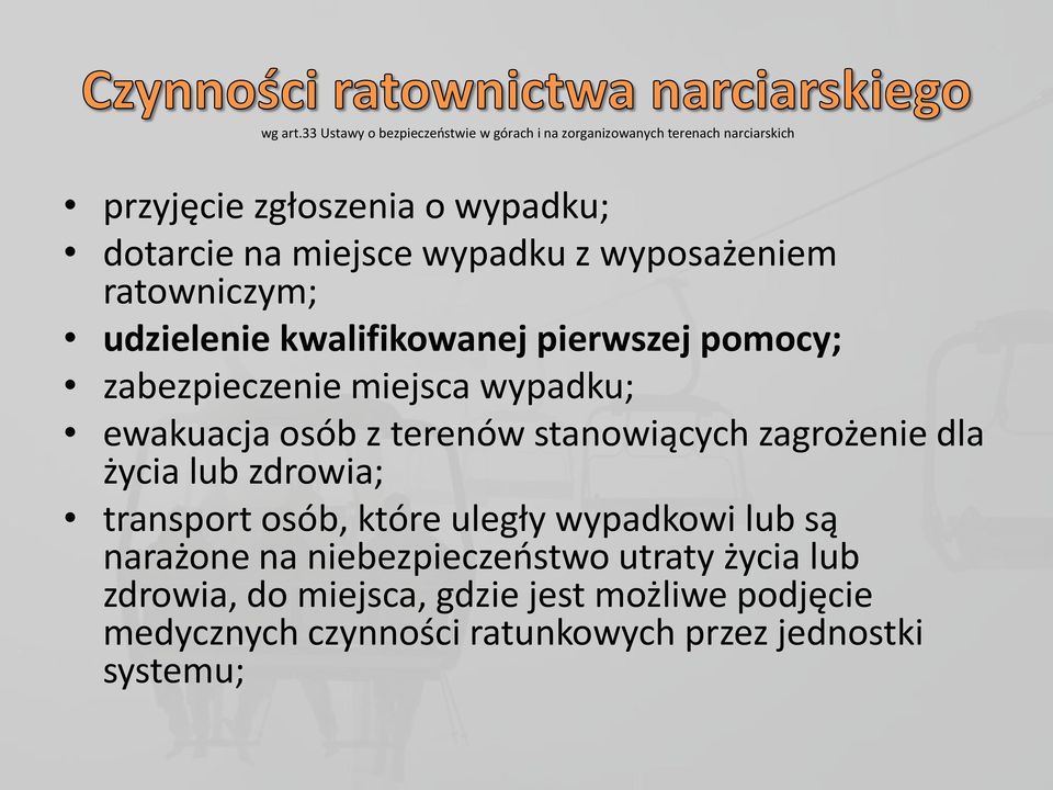 miejsce wypadku z wyposażeniem ratowniczym; udzielenie kwalifikowanej pierwszej pomocy; zabezpieczenie miejsca wypadku; ewakuacja