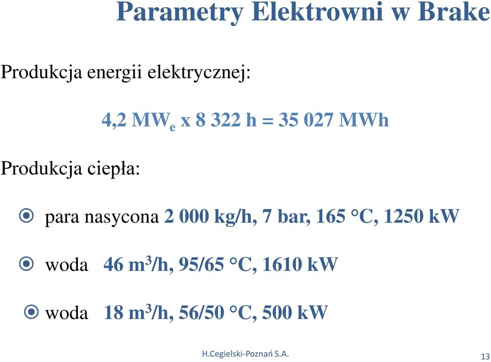 nasycona 2 000 kg/h, 7 bar, 165 C, 1250 kw woda 46 m 3 /h,