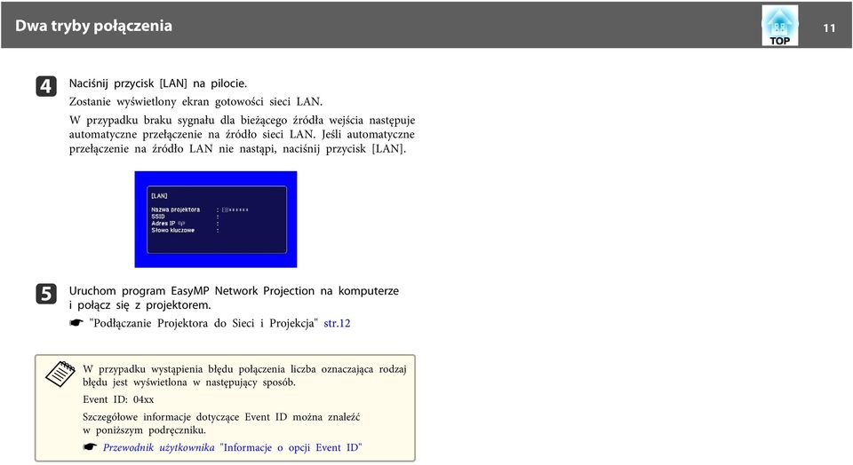 Jeśli utomtyczne przełączenie n źródło LAN nie nstąpi, nciśnij przycisk [LAN]. e Uruchom progrm EsyMP Network Projection n komputerze i połącz się z projektorem.