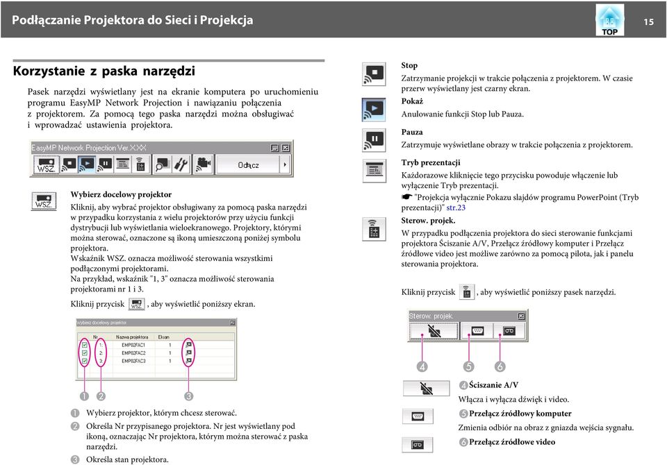 Wybierz docelowy projektor Kliknij, by wybrć projektor obsługiwny z pomocą psk nrzędzi w przypdku korzystni z wielu projektorów przy użyciu funkcji dystrybucji lub wyświetlni wieloekrnowego.