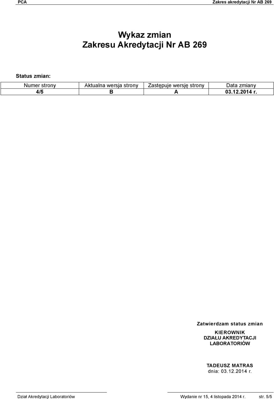 Zatwierdzam status zmian KIEROWNIK DZIAŁU AKREDYTACJI LABORATORIÓW TADEUSZ MATRAS