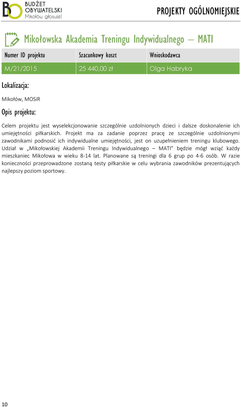 Projekt ma za zadanie poprzez pracę ze szczególnie uzdolnionymi zawodnikami podnosić ich indywidualne umiejętności, jest on uzupełnieniem treningu klubowego.