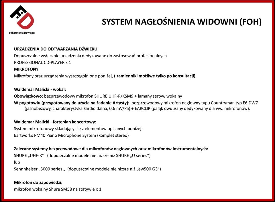 (przygotowany do użycia na żądanie Artysty): bezprzewodowy mikrofon nagłowny typu Countryman typ E6iDW7 (jasnobeżowy, charakterystyka kardioidalna, 0,6 mv/pa) + EARCLIP (pałąk dwuuszny dedykowany dla