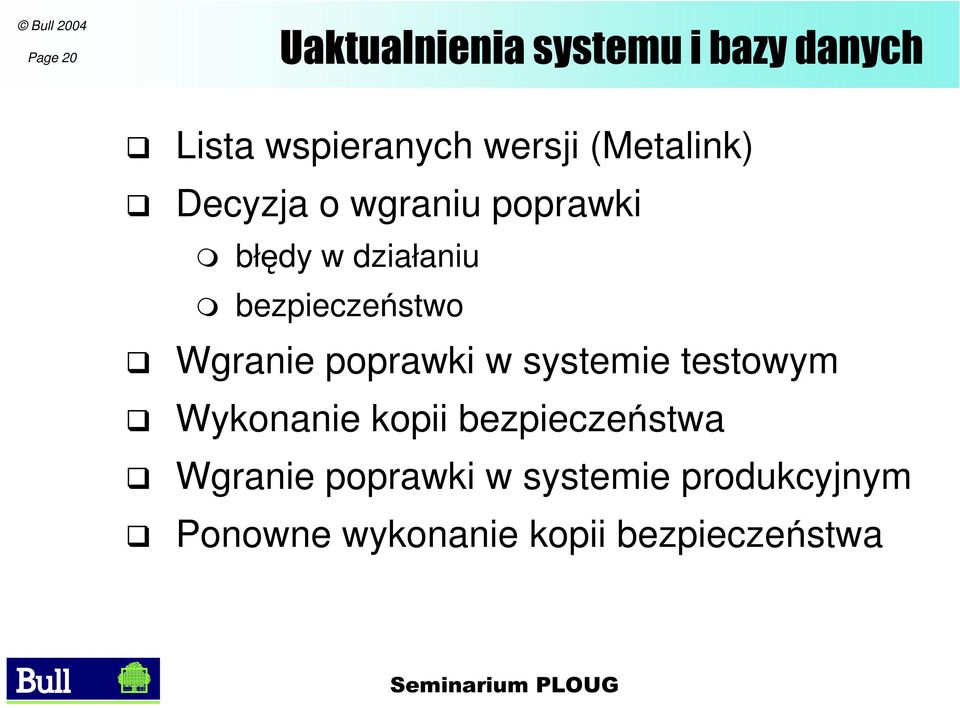 Wgranie poprawki w systemie testowym Wykonanie kopii bezpieczeństwa