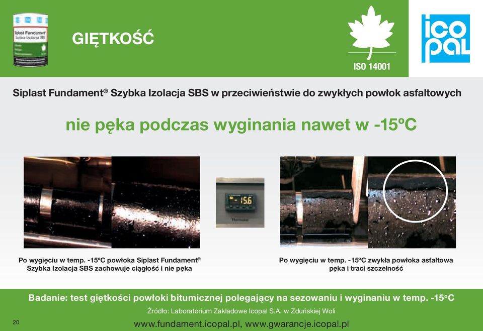 -15ºC powłoka Siplast Fundament Szybka Izolacja SBS zachowuje ciągłość i nie pęka Po wygięciu w temp.
