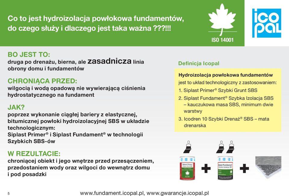 poprzez wykonanie ciągłej bariery z elastycznej, bitumicznej powłoki hydroizolacyjnej SBS w układzie technologicznym: Siplast Primer i Siplast Fundament w technologii Szybkich SBS-ów Definicja Icopal