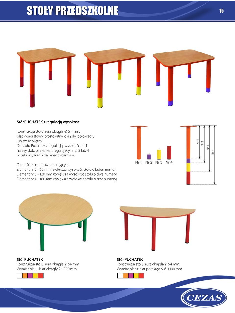 Długość elementów regulujących: Element nr 2-60 mm (zwiększa wysokość stołu o jeden numer) Element nr 3-120 mm (zwiększa wysokość stołu o dwa numery) Element nr 4-180 mm