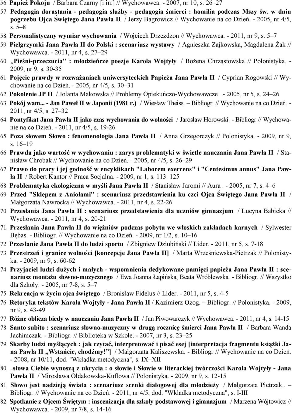 - 2011, nr 9, s. 5 7 59. Pielgrzymki Jana Pawła II do Polski : scenariusz wystawy / Agnieszka Zajkowska, Magdalena Żak // Wychowawca. - 2011, nr 4, s. 27 29 60.