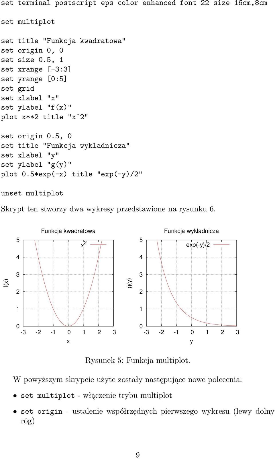 5, 0 set title "Funkcja wykladnicza" set xlabel "y" set ylabel "g(y)" plot 0.5*exp(-x) title "exp(-y)/2" unset multiplot Skrypt ten stworzy dwa wykresy przedstawione na rysunku 6.