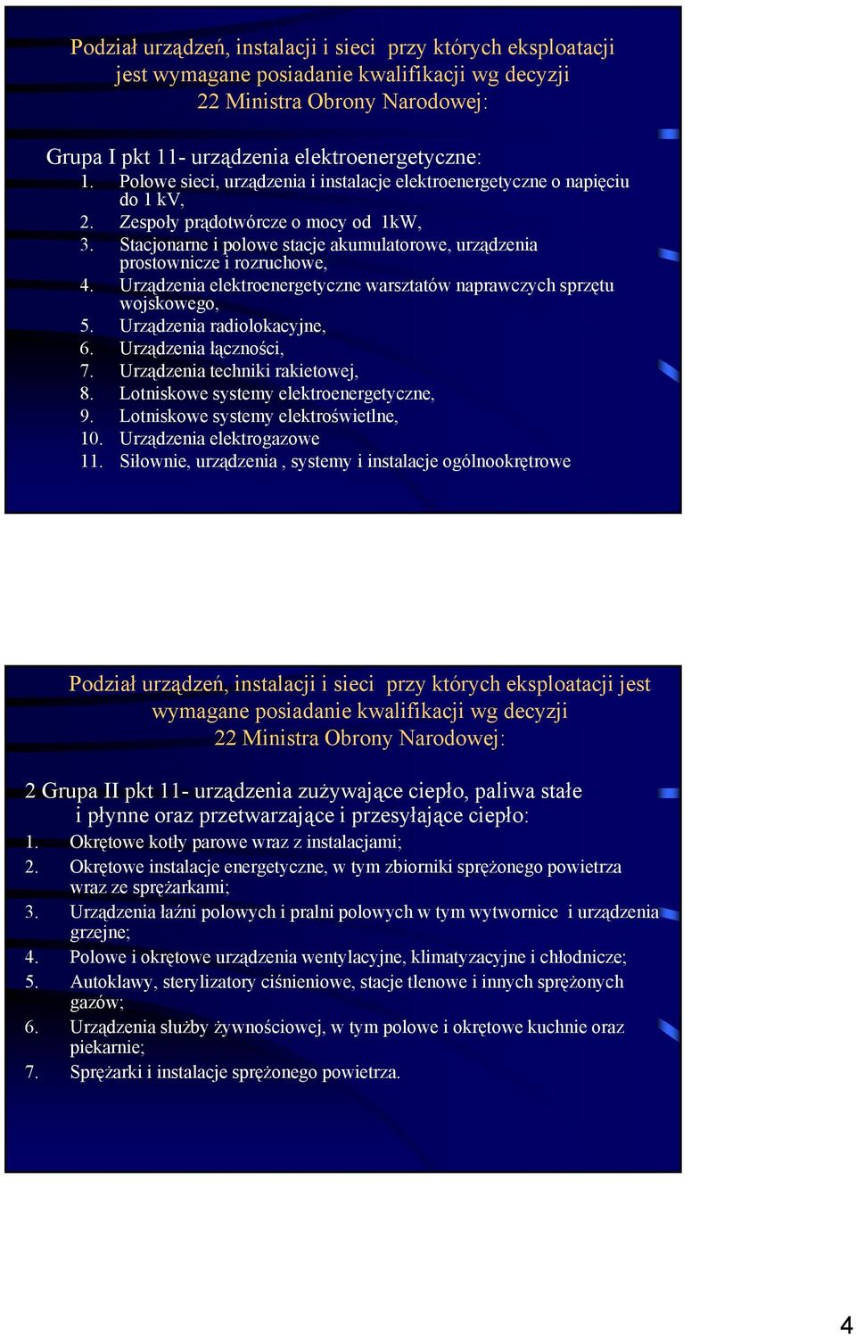 Stacjonarne i polowe stacje akumulatorowe, urządzenia prostownicze i rozruchowe, 4. Urządzenia elektroenergetyczne warsztatów naprawczych sprzętu wojskowego, 5. Urządzenia radiolokacyjne, 6.