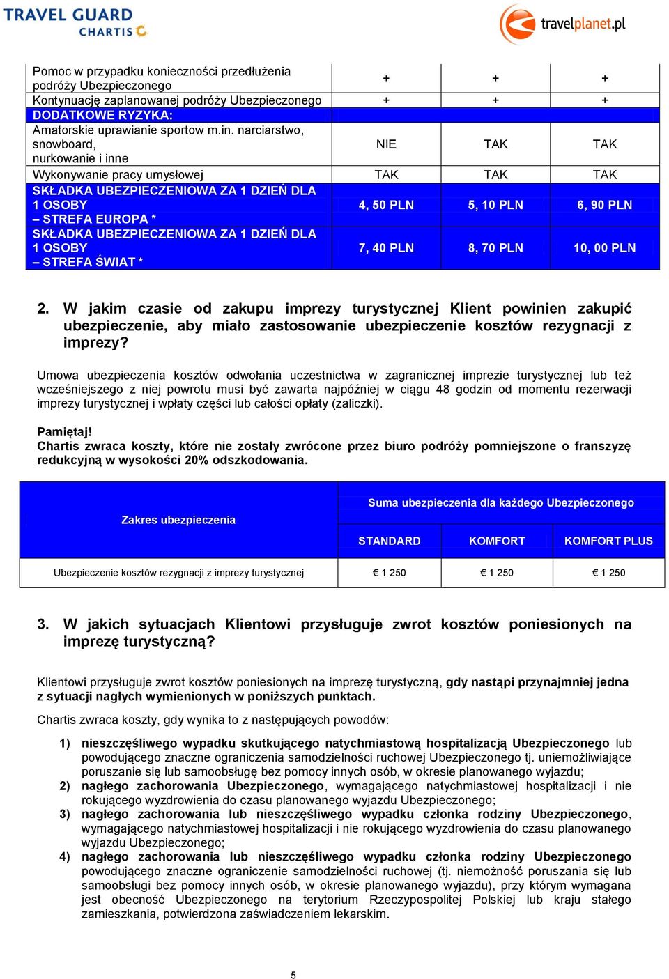 UBEZPIECZENIOWA ZA 1 DZIEŃ DLA 1 OSOBY STREFA ŚWIAT * 7, 40 PLN 8, 70 PLN 10, 00 PLN 2.