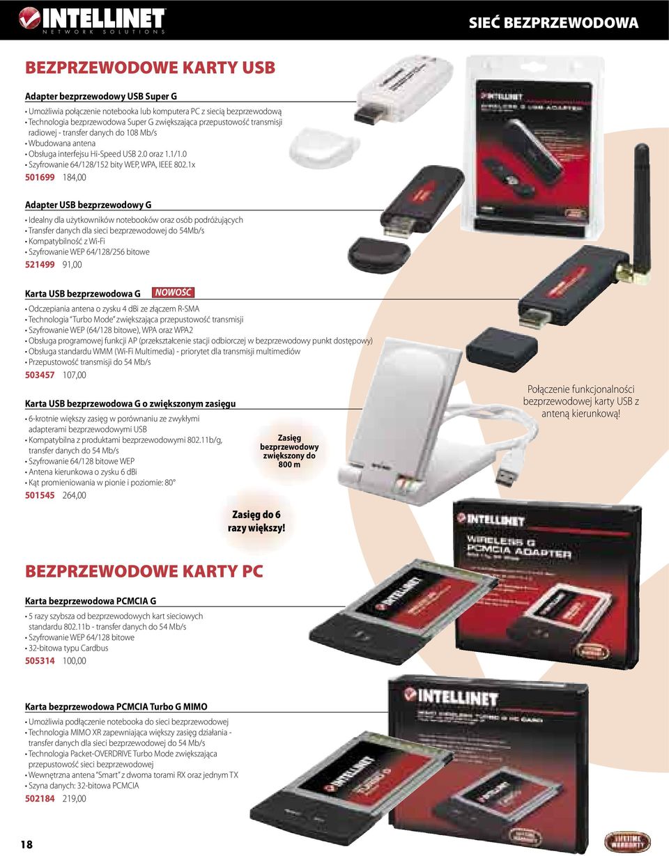 1x 501699 184,00 Adapter USB bezprzewodowy G Idealny dla użytkowników notebooków oraz osób podróżujących Transfer danych dla sieci bezprzewodowej do 54Mb/s Kompatybilność z Wi-Fi Szyfrowanie WEP