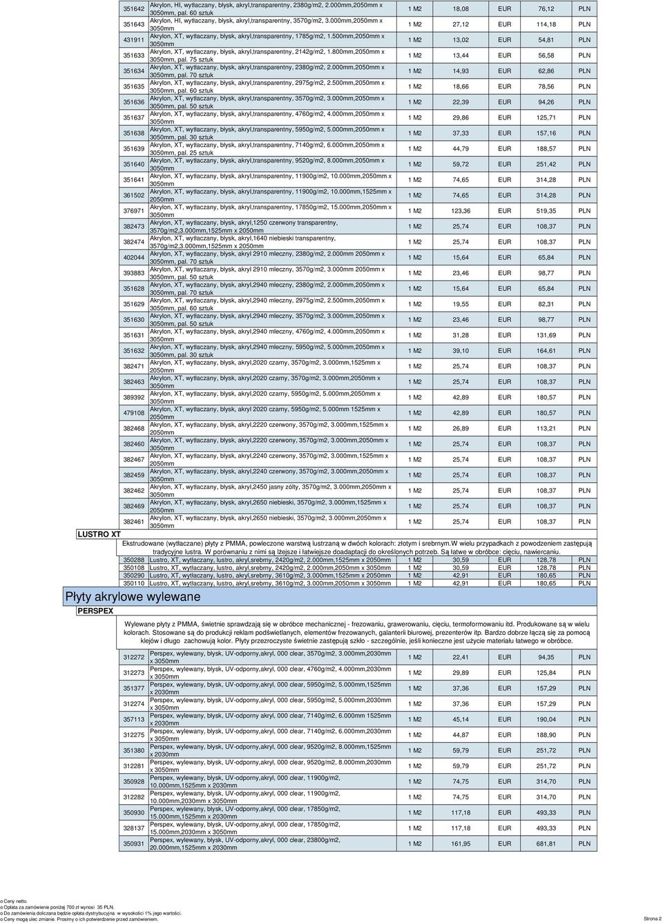 000mm,2050mm x HI 630 HI, Wysokoudarowe, XT 351643 ekstrudowane (wytłaczane) płyty PMMA stosowane s 1 M2 27,12 EUR 114,18 PLN Akrylon, XT, wytłaczany, błysk, akryl,transparentny, 1785g/m2, 1.