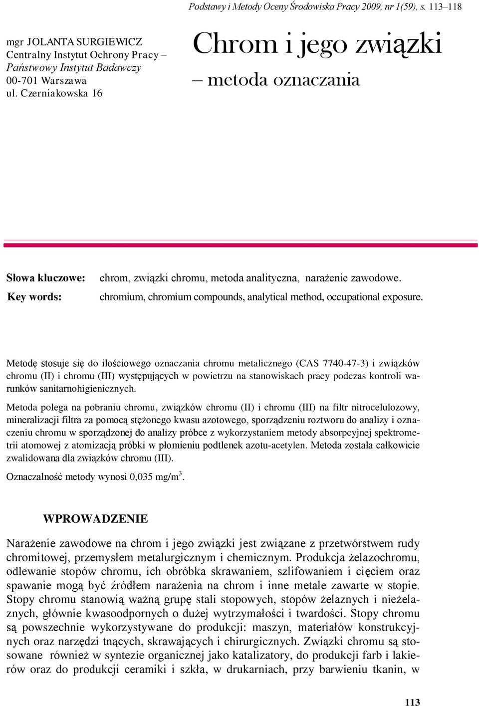 chromium, chromium compounds, analytical method, occupational exposure.