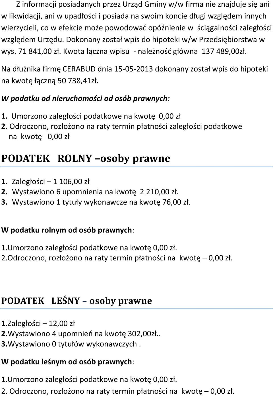 Na dłużnika firmę CERABUD dnia 15-05-2013 dokonany został wpis do hipoteki na kwotę łączną 50 738,41zł. W podatku od nieruchomości od osób prawnych: 1.