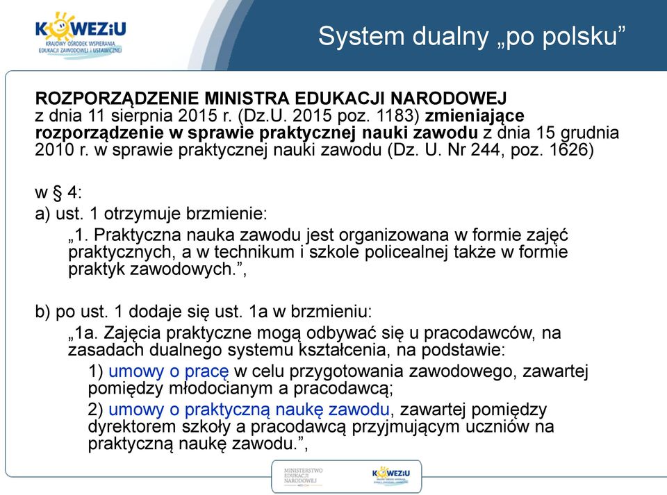 Praktyczna nauka zawodu jest organizowana w formie zajęć praktycznych, a w technikum i szkole policealnej także w formie praktyk zawodowych., b) po ust. 1 dodaje się ust. 1a w brzmieniu: 1a.