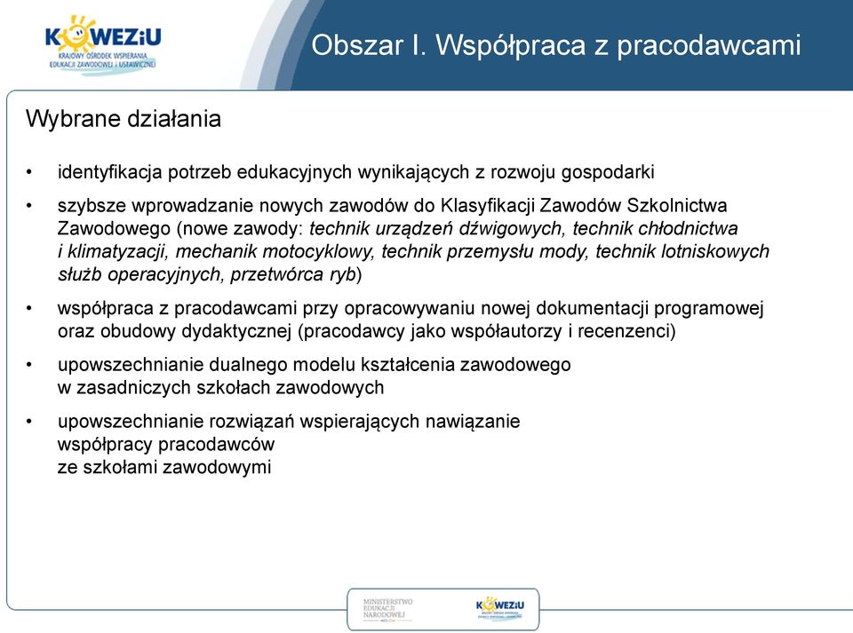 Szkolnictwa Zawodowego (nowe zawody: technik urządzeń dźwigowych, technik chłodnictwa i klimatyzacji, mechanik motocyklowy, technik przemysłu mody, technik lotniskowych służb