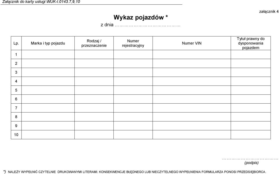 Tytuł prawny do dysponowania pojazdem 1 2 3 4 5 6 7 8 9 10 *) NALEŻY WYPEŁNIĆ