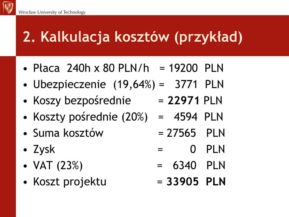 22971 PLN Koszty pośrednie (20%) = 4594 PLN Suma kosztów =