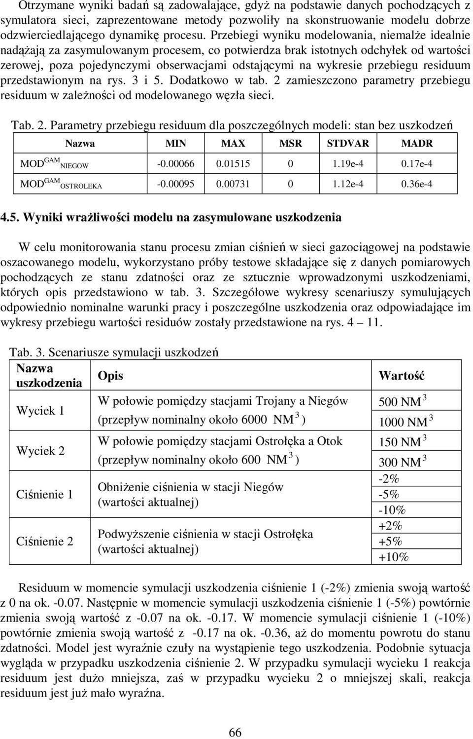przebiegu residuum przedstawionym na rys. i 5. Dodatkowo w tab. 2 zamieszczono parametry przebiegu residuum w zaleŝności od modelowanego węzła sieci. Tab. 2. Parametry przebiegu residuum dla poszczególnych modeli: stan bez uszkodzeń Nazwa MIN MAX MSR STDVAR MADR MOD GAM NIEGOW -0.