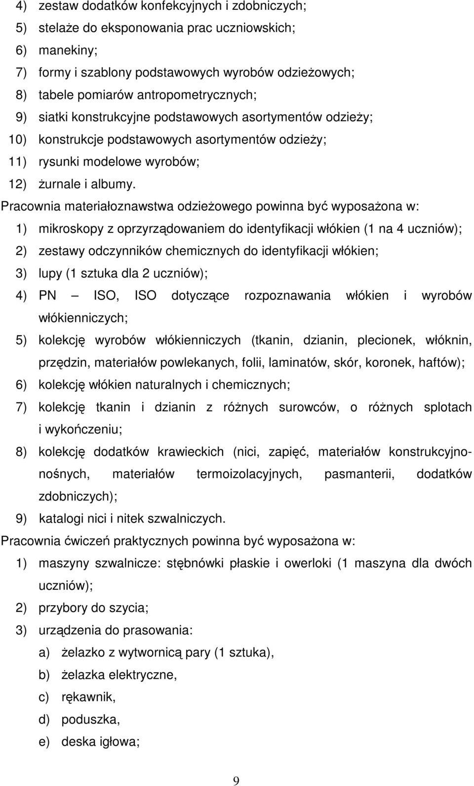 Pracownia materiałoznawstwa odzieżowego powinna być wyposażona w: 1) mikroskopy z oprzyrządowaniem do identyfikacji włókien (1 na 4 uczniów); 2) zestawy odczynników chemicznych do identyfikacji