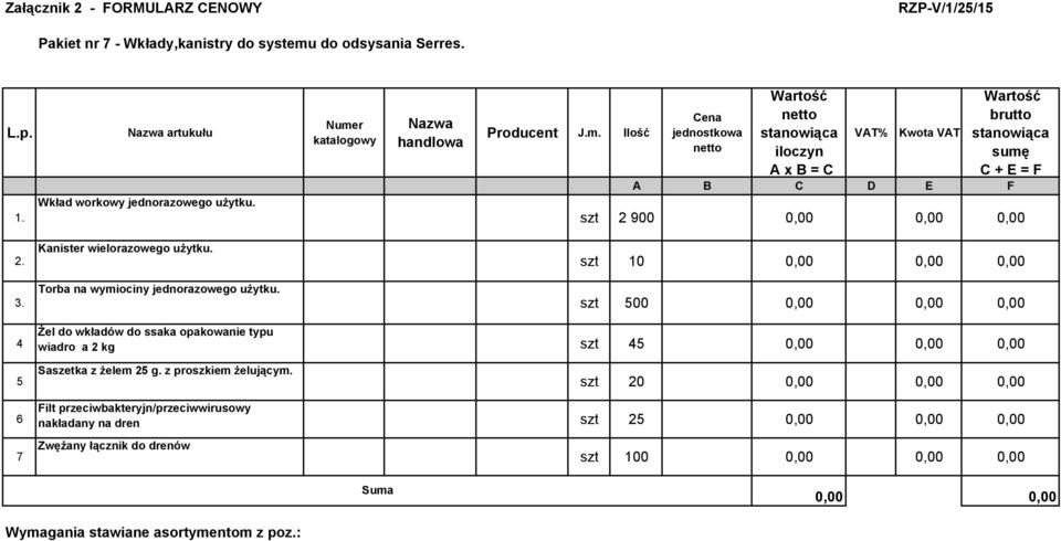Torba na wymiociny jednorazowego użytku. szt 10 0,00 0,00 0,00 szt 500 0,00 0,00 0,00 4 Żel do wkładów do ssaka opakowanie typu wiadro a 2 kg szt 45 0,00 0,00 0,00 5 Saszetka z żelem 25 g.