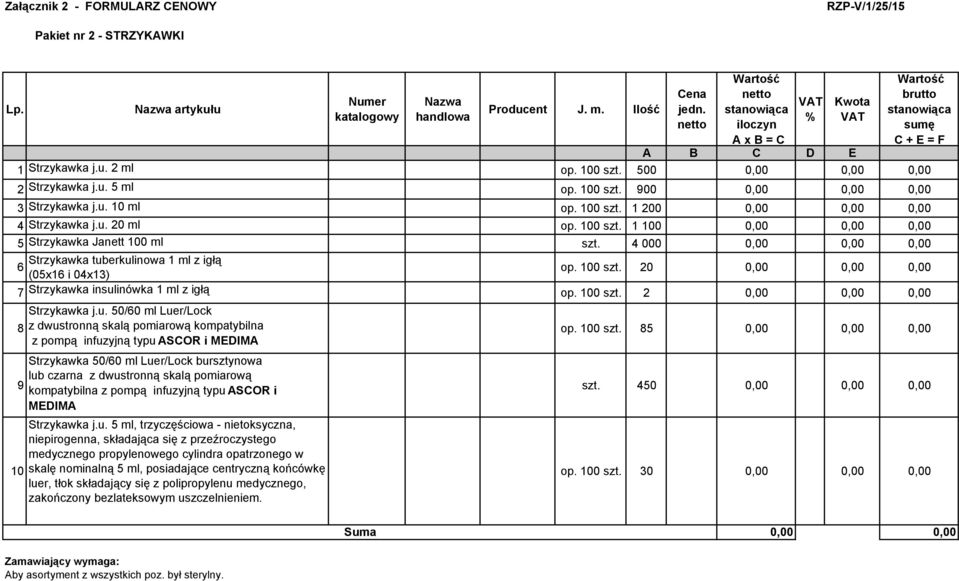 100 szt. 1 200 0,00 0,00 0,00 4 Strzykawka j.u. 20 ml op. 100 szt. 1 100 0,00 0,00 0,00 5 Strzykawka Janett 100 ml szt. 4 000 0,00 0,00 0,00 Strzykawka tuberkulinowa 1 ml z igłą 6 (05x16 i 04x13) op.