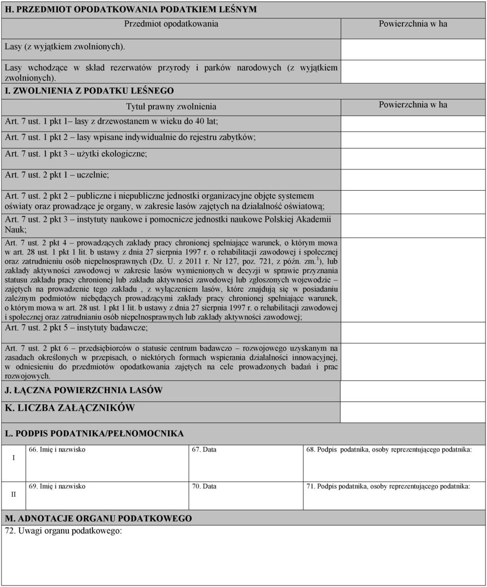 1 pkt 1 lasy z drzewostanem w wieku do 40 lat; Powierzchnia w ha Art. 7 ust. 1 pkt 2 lasy wpisane indywidualnie do rejestru zabytków; Art. 7 ust. 1 pkt 3 użytki ekologiczne; Art. 7 ust. 2 pkt 1 uczelnie; Art.
