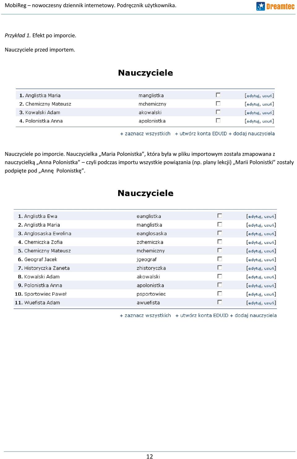 Nauczycielka Maria Polonistka, która była w pliku importowym została zmapowana