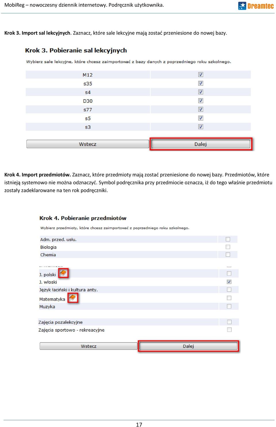 Import przedmiotów. Zaznacz, które przedmioty mają zostad przeniesione do nowej bazy.