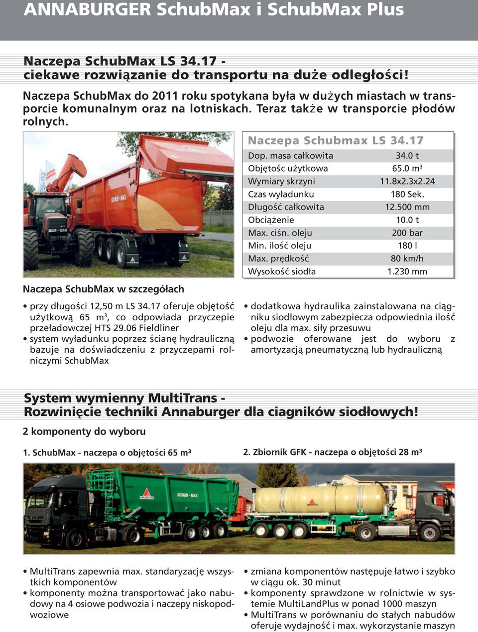 Naczepa SchubMax w szczegółach Naczepa Schubmax LS 34.17 Dop. masa całkowita 34.0 t Objętośc użytkowa 65.0 m 3 Wymiary skrzyni 11.8x2.3x2.24 Czas wyładunku 180 Sek. Długość całkowita 12.