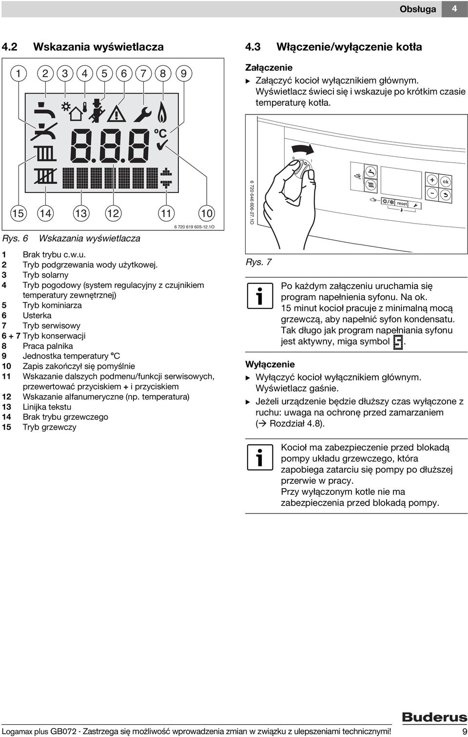 3 Tryb solarny 4 Tryb pogodowy (system regulacyjny z czujnikiem temperatury zewnętrznej) 5 Tryb kominiarza 6 Usterka 7 Tryb serwisowy 6 + 7 Tryb konserwacji 8 Praca palnika 9 Jednostka temperatury C