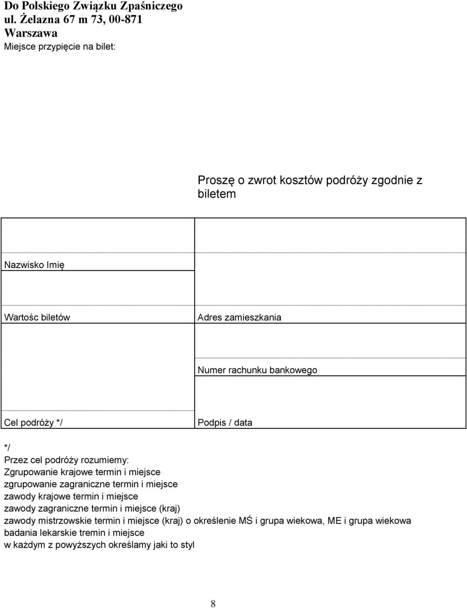 zamieszkania Numer rachunku bankowego Cel podróży */ Podpis / data */ Przez cel podróży rozumiemy: Zgrupowanie krajowe termin i miejsce zgrupowanie