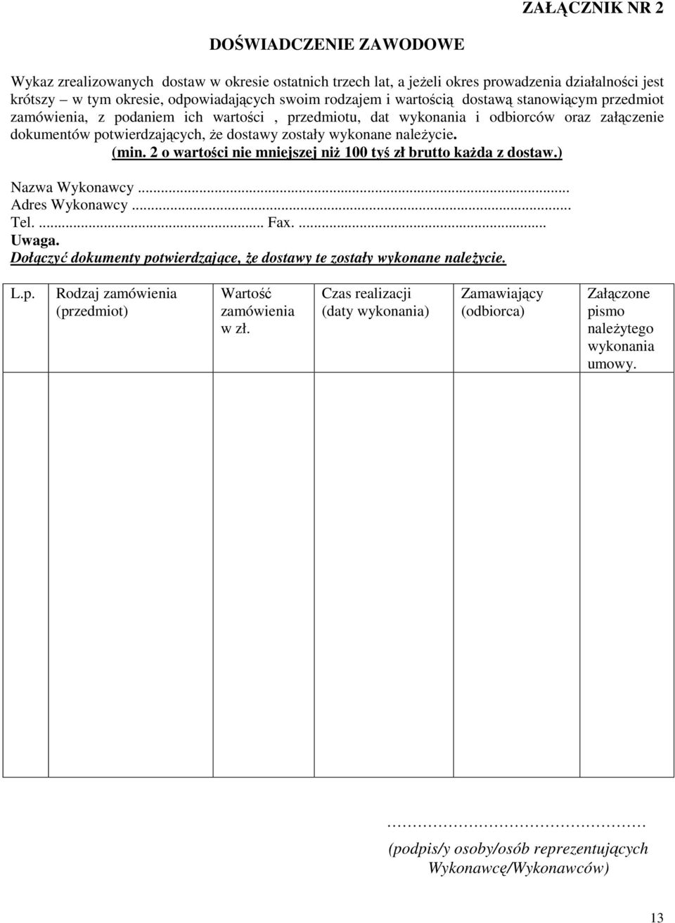 (min. 2 o wartości nie mniejszej niż 100 tyś zł brutto każda z dostaw.) Nazwa Wykonawcy... Adres Wykonawcy... Tel.... Fax.... Uwaga.