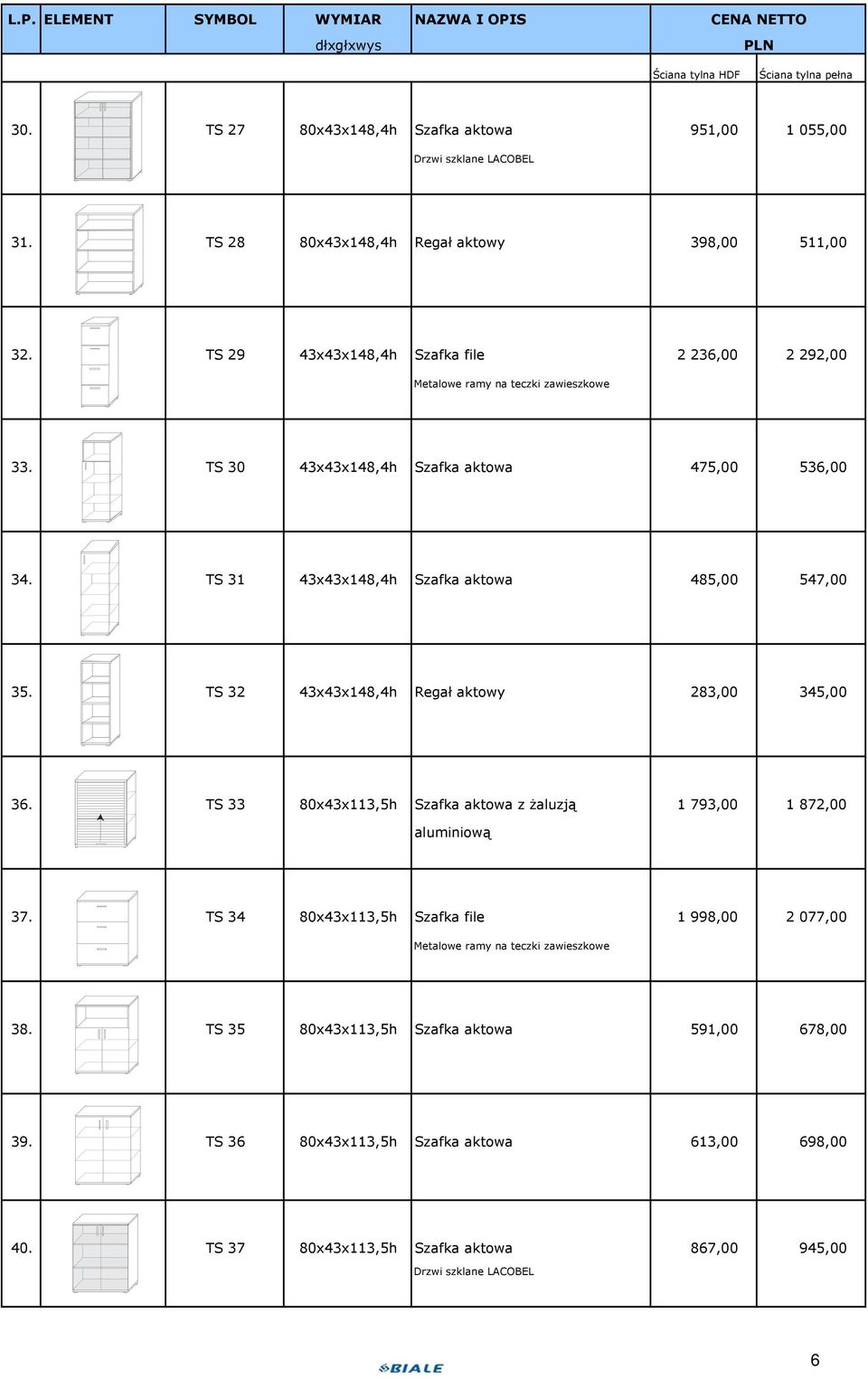 TS 31 43x43x148,4h Szafka aktowa 485,00 547,00 35. TS 32 43x43x148,4h Regał aktowy 283,00 345,00 36.